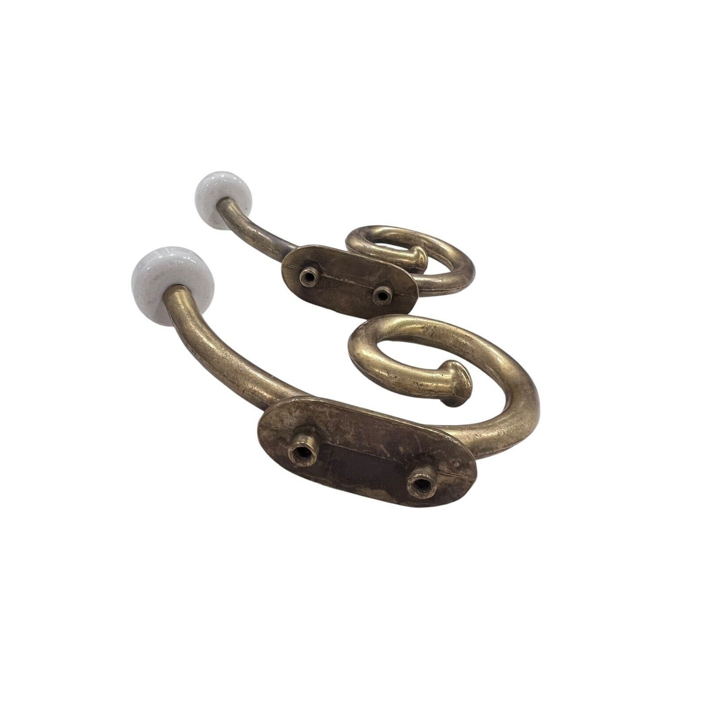 Vintage Brass Hook Rack White Ceramic Knob Coat Hat Towel 5” Scroll Dark Patina