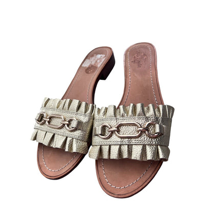 Size 9.5 Kate Spade Ruffle Beau Leather Slide Sandals Gold Chain Preppy Coastal