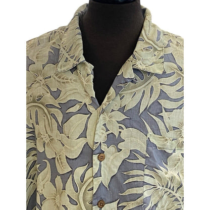 XXL Tommy Bahama Blue Linen Floral Hawaiian Shirt Wood Buttons Cruise