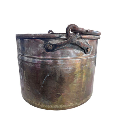 Primitive Copper Mixed Metal Hanging Pot Iron Handle Nice Gold Tone Design Trim