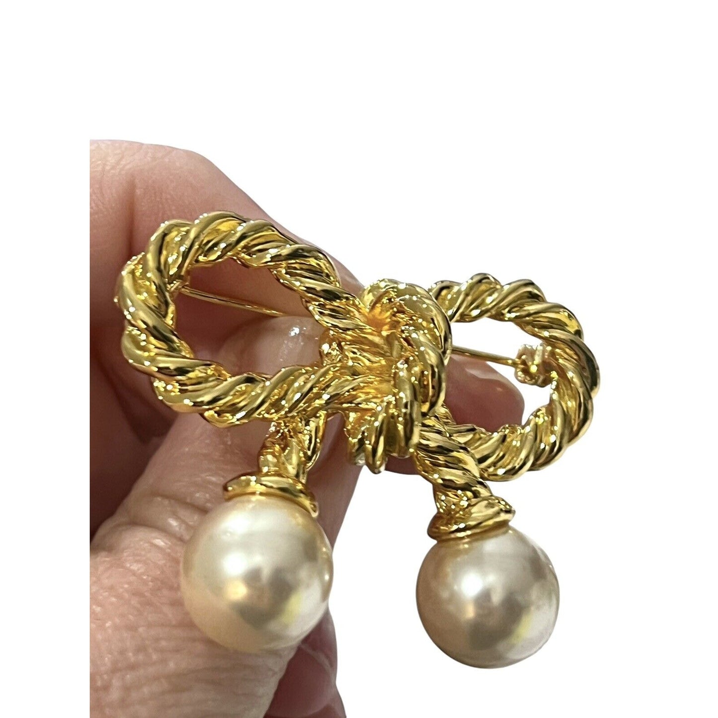 Vintage Gold Tone Faux Pearl Braided Bow Pin Brooch Rope