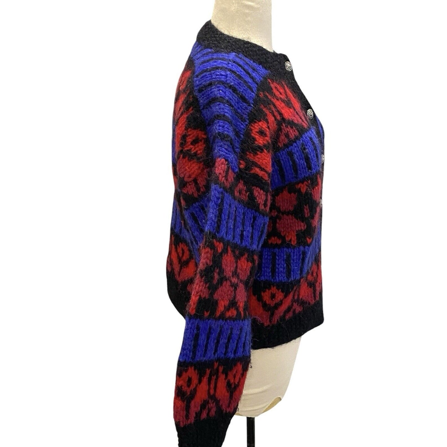 Icelandic Designs Wool Button Sweater Jacket Size Small Nordic Red Blue Back