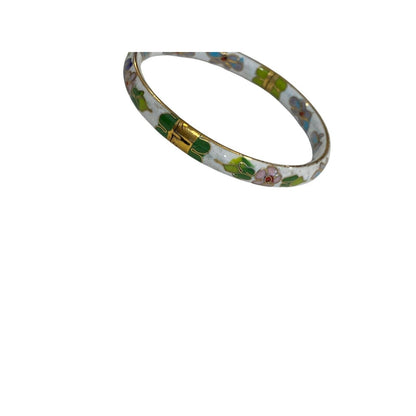 Vintage Cloisonne White Green Floral Flower Enamel Hinged Cuff Bangle Bracelet
