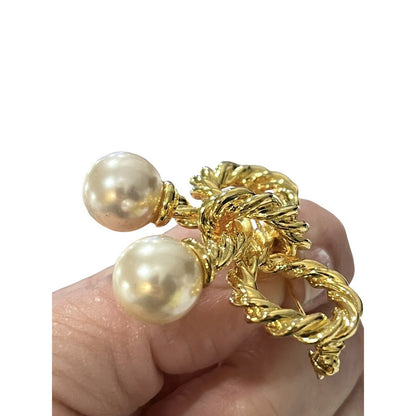 Vintage Gold Tone Faux Pearl Braided Bow Pin Brooch Rope