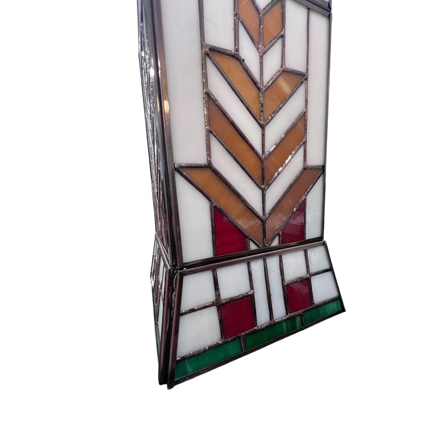 Tiffany-Style stained glass hurricane shade Brown Red White green arrow design