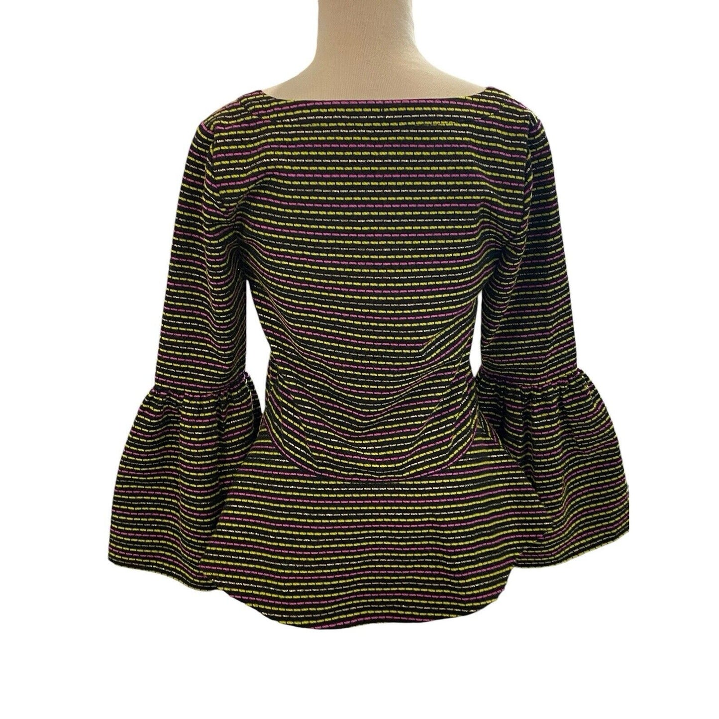 Small ANNA CATE Multicolor Striped Bell Sleeve Blouse Deep V-neck Dress Blouse