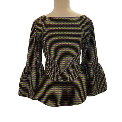 Small ANNA CATE Multicolor Striped Bell Sleeve Blouse Deep V-neck Dress Blouse