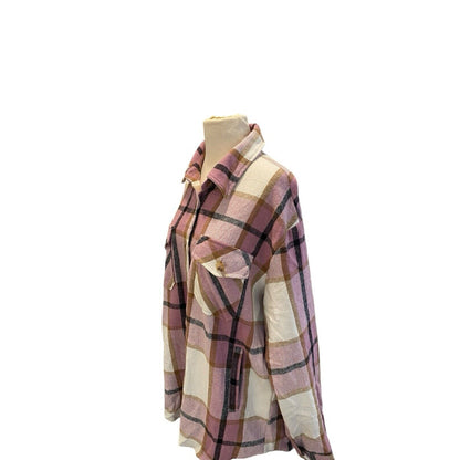 Size Large Jodifl Plaid Flannel Shacket Pink Brown Button Up Shirt Gorpcore