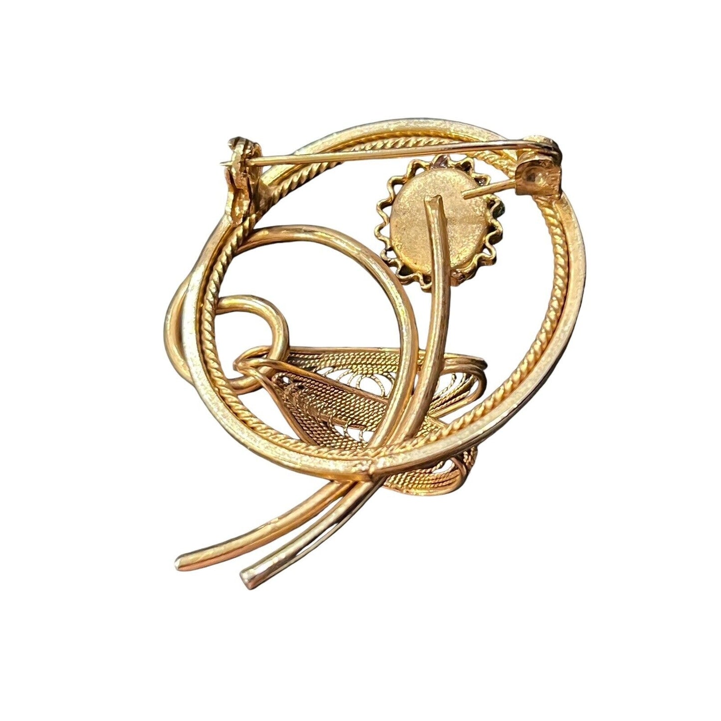 Vintage Nephrite Jade Cabochons Round Brooch Pin Gold Tone Filigree Flower