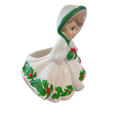 Vintage HOLLY GIRL Christmas Figurine Vase Large Planter 7x6x5 Handpainted