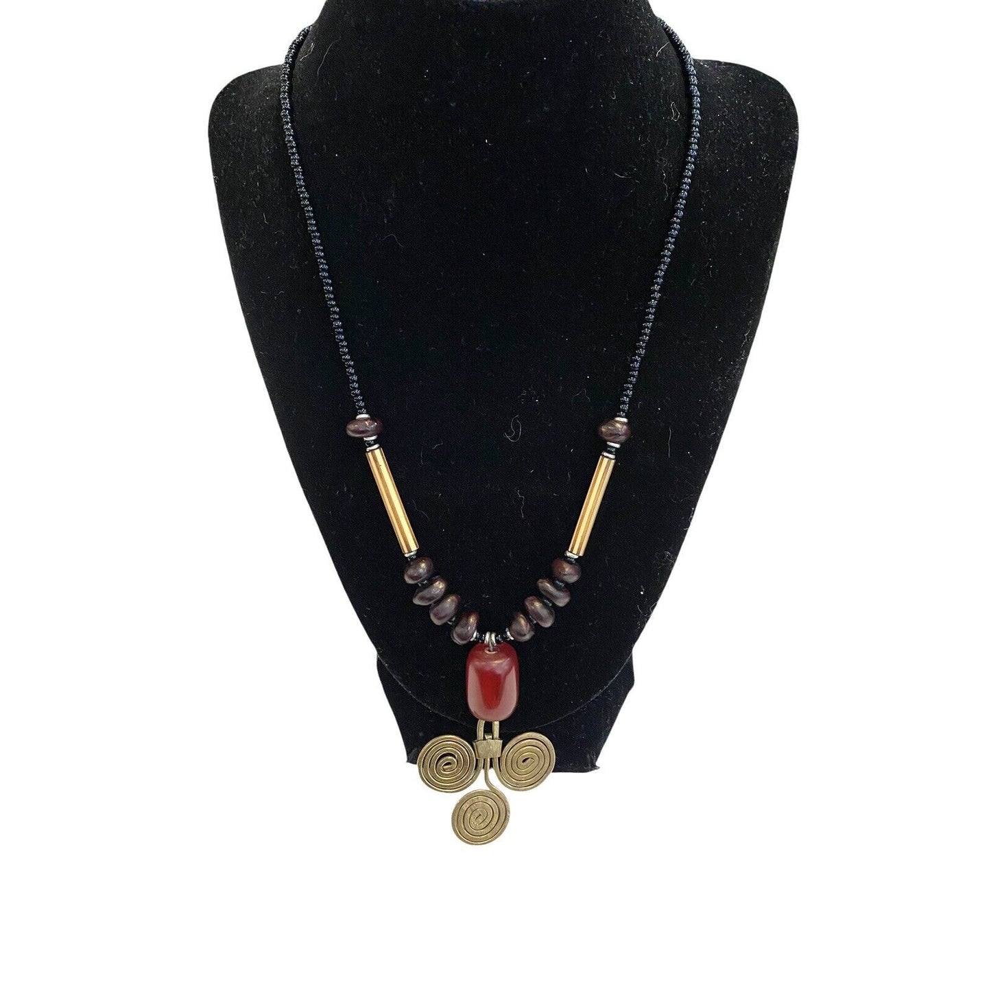 Brass Amber Color Pendant Necklace Handmade Africa Beaded 20”