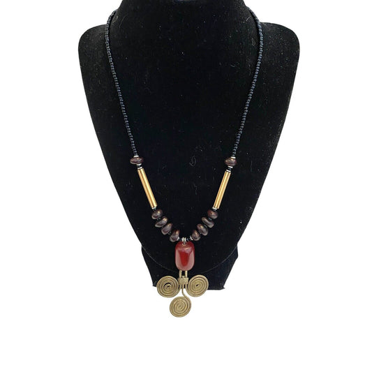 Brass Amber Color Pendant Necklace Handmade Africa Beaded 20”