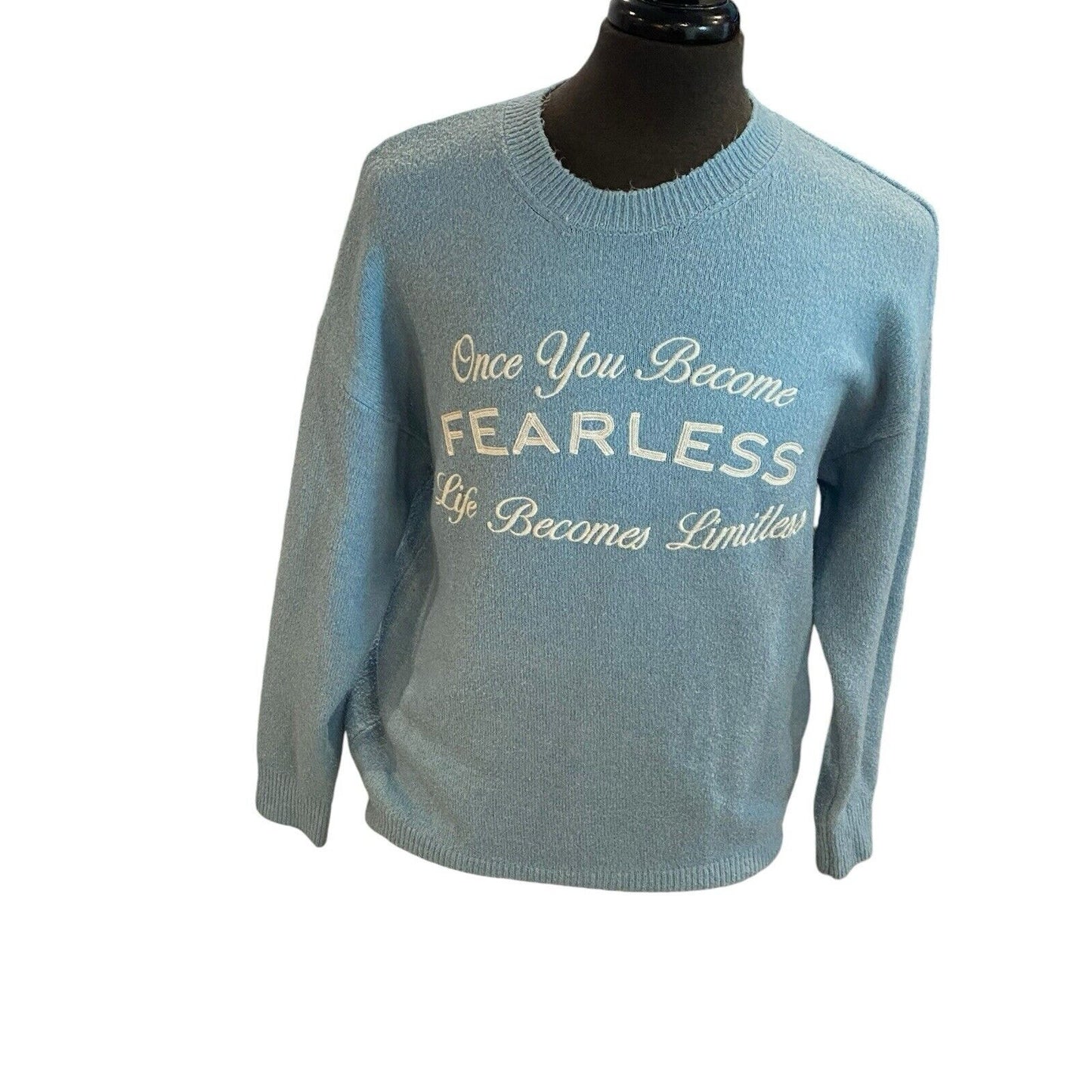 Size Medium Bershka Pulliver Sweater Blue White “once You Become Fearless…”