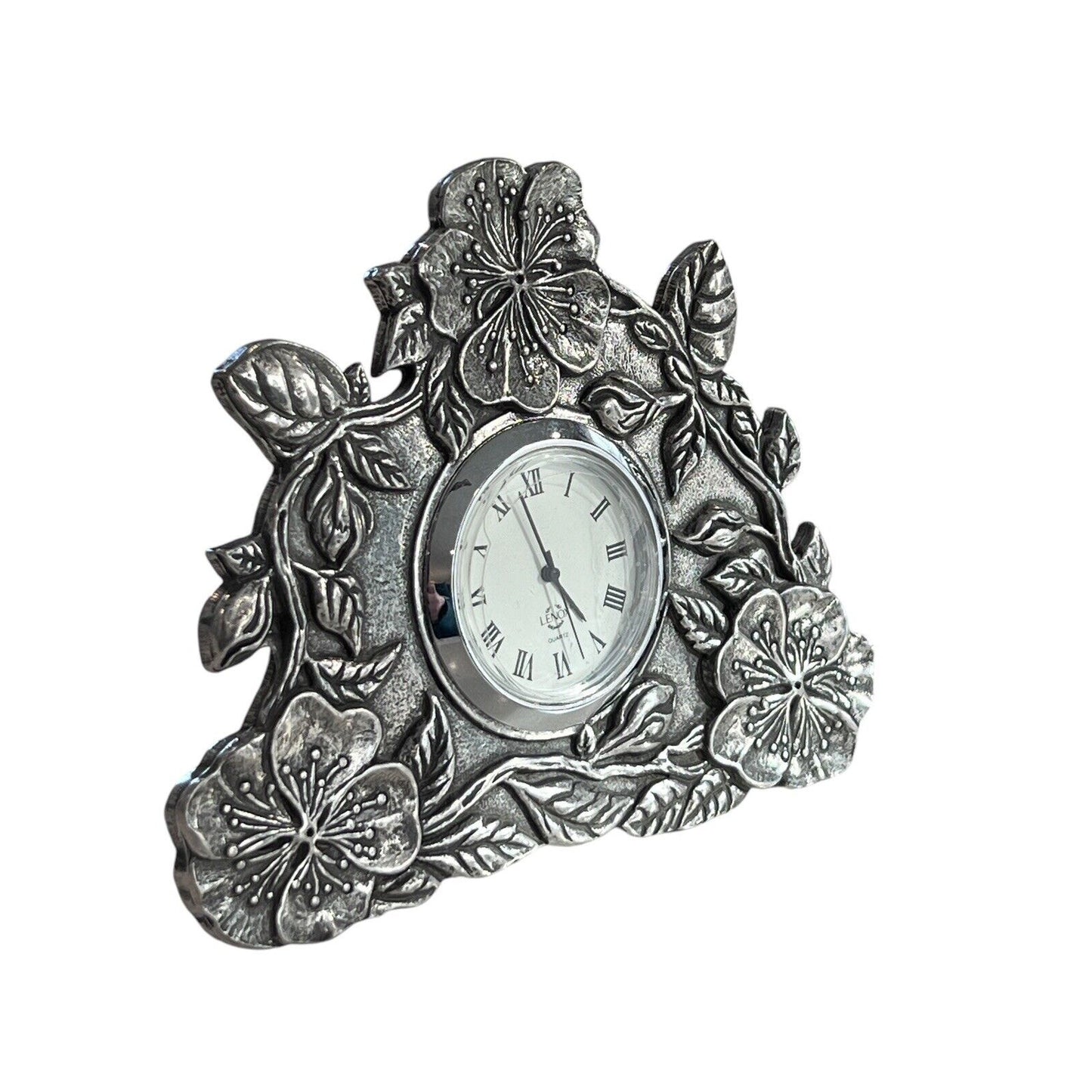 Vintage Lenox Kirk Stieff Pewter Quartz Clock Floral Poppy Desk Table Travel