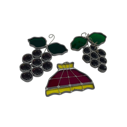 Vintage Lamp Shade And Grapes Stained Glass Sun Catchers 3 Piece Set