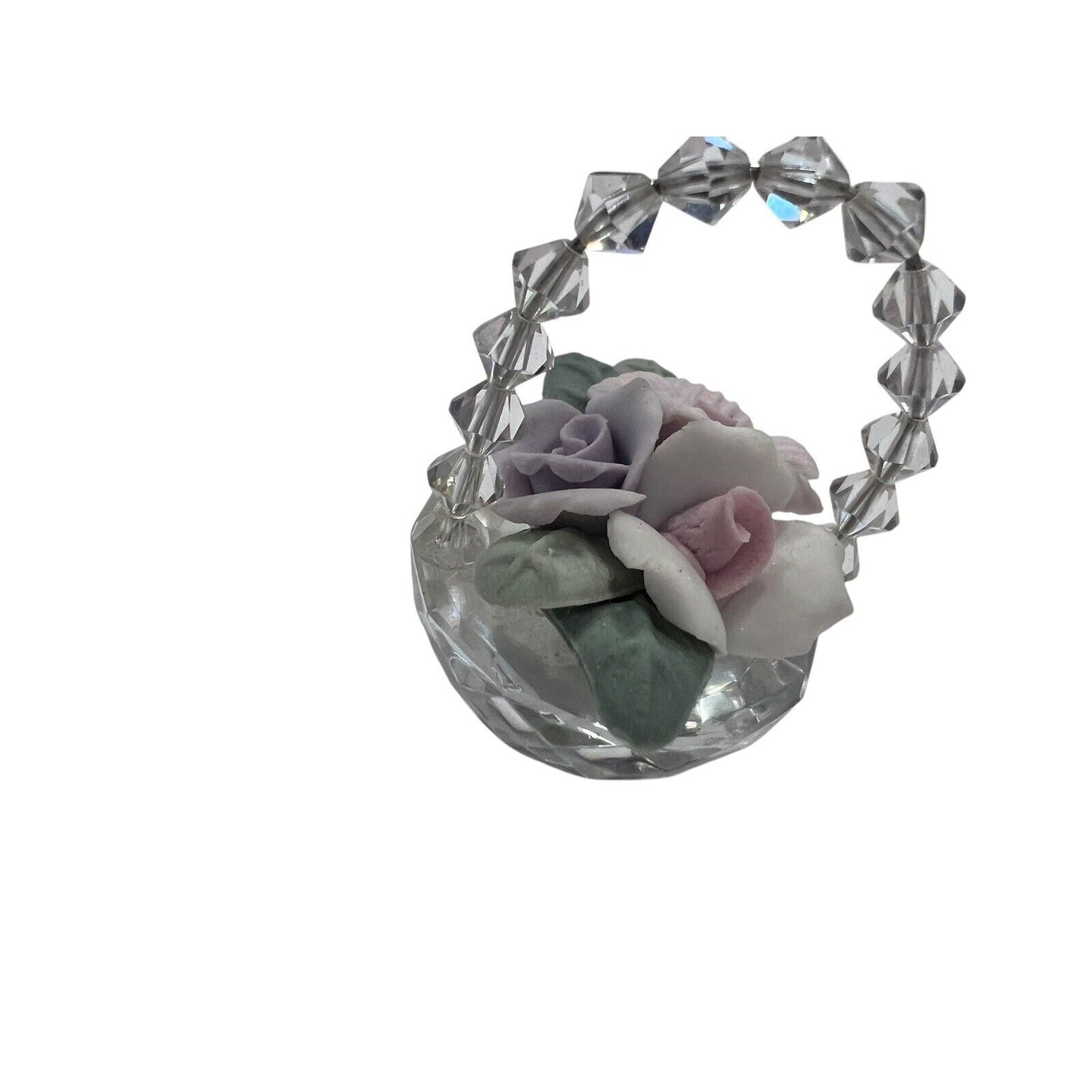Miniature Crystal Basket Porcelain Roses Pink Purple Spring Easter