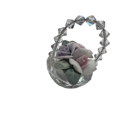 Miniature Crystal Basket Porcelain Roses Pink Purple Spring Easter