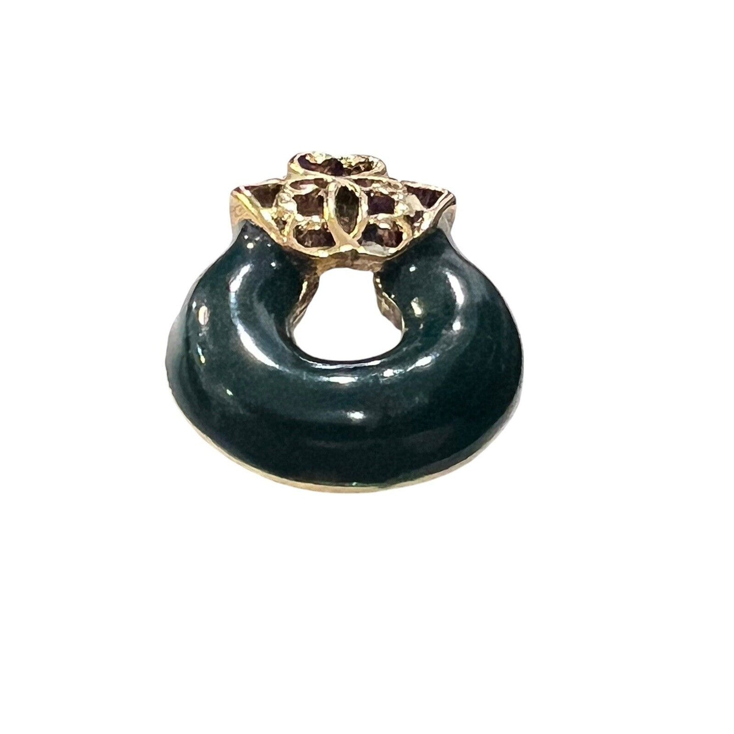 Vintage Gold Tone Door Knocker Green Enamel Round Pierced Fashion Earrings