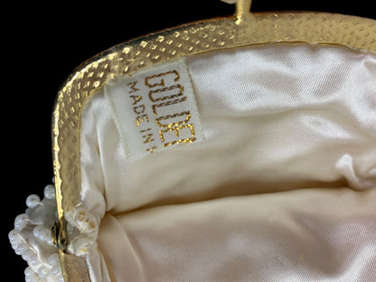 Vintage Golden Name Beaded White Change Purse Hinged Clasp Hong Kong