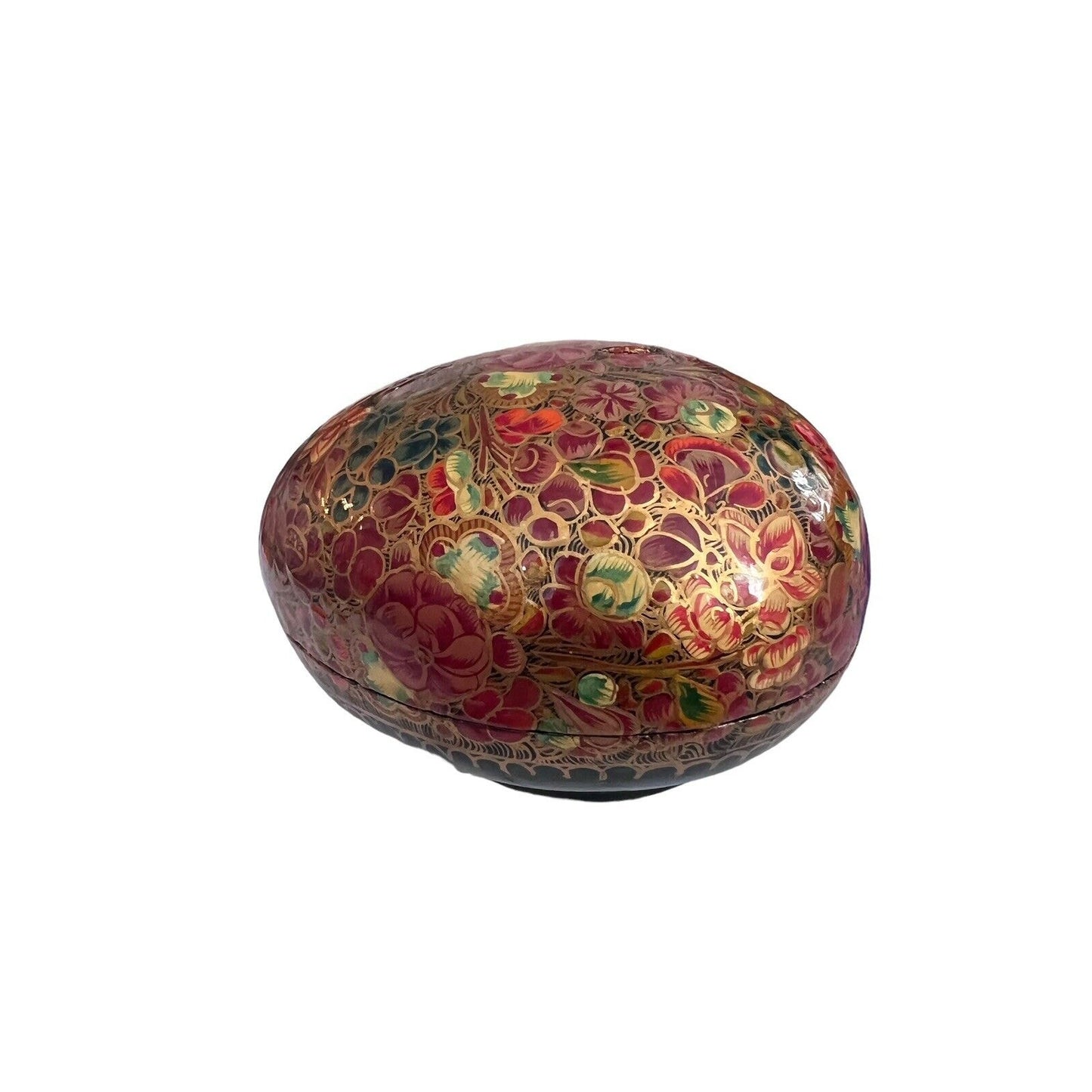Floral Egg Kashmir India Boudoir Jewelry Ring Box Hand Painted Paper Mache Vtg