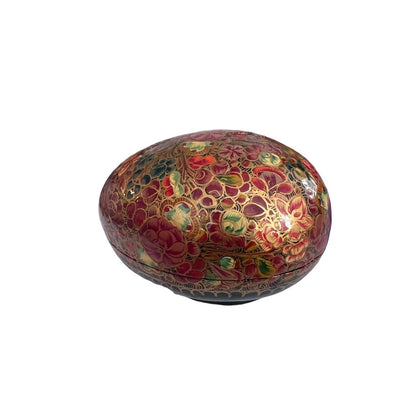 Floral Egg Kashmir India Boudoir Jewelry Ring Box Hand Painted Paper Mache Vtg
