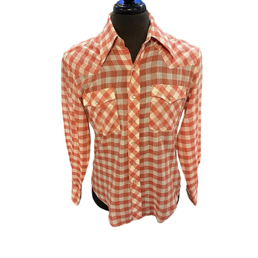 15 1/2. 33/34 Bronco Shirt Mens Red Checked Pearl Snap Western Thin 70s Vintage