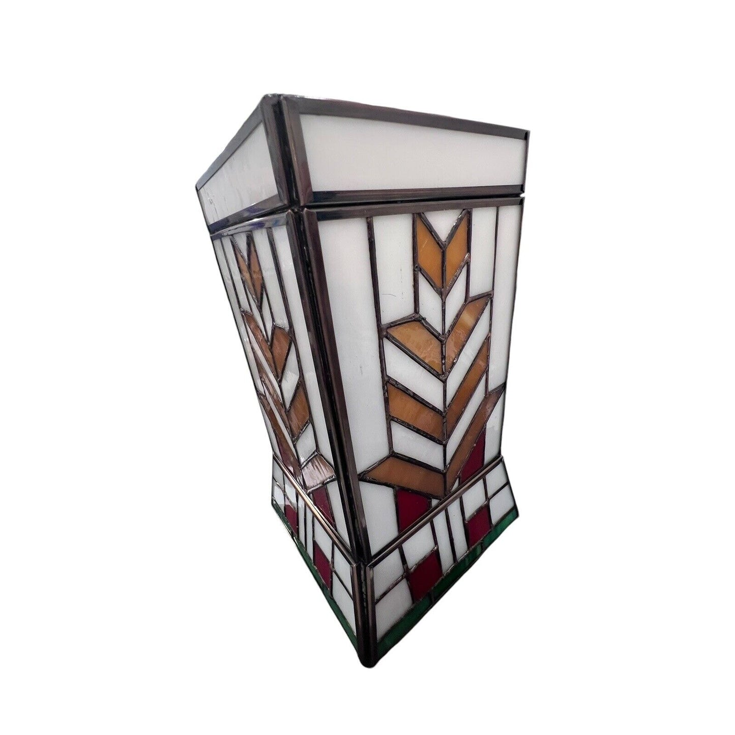 Tiffany-Style stained glass hurricane shade Brown Red White green arrow design