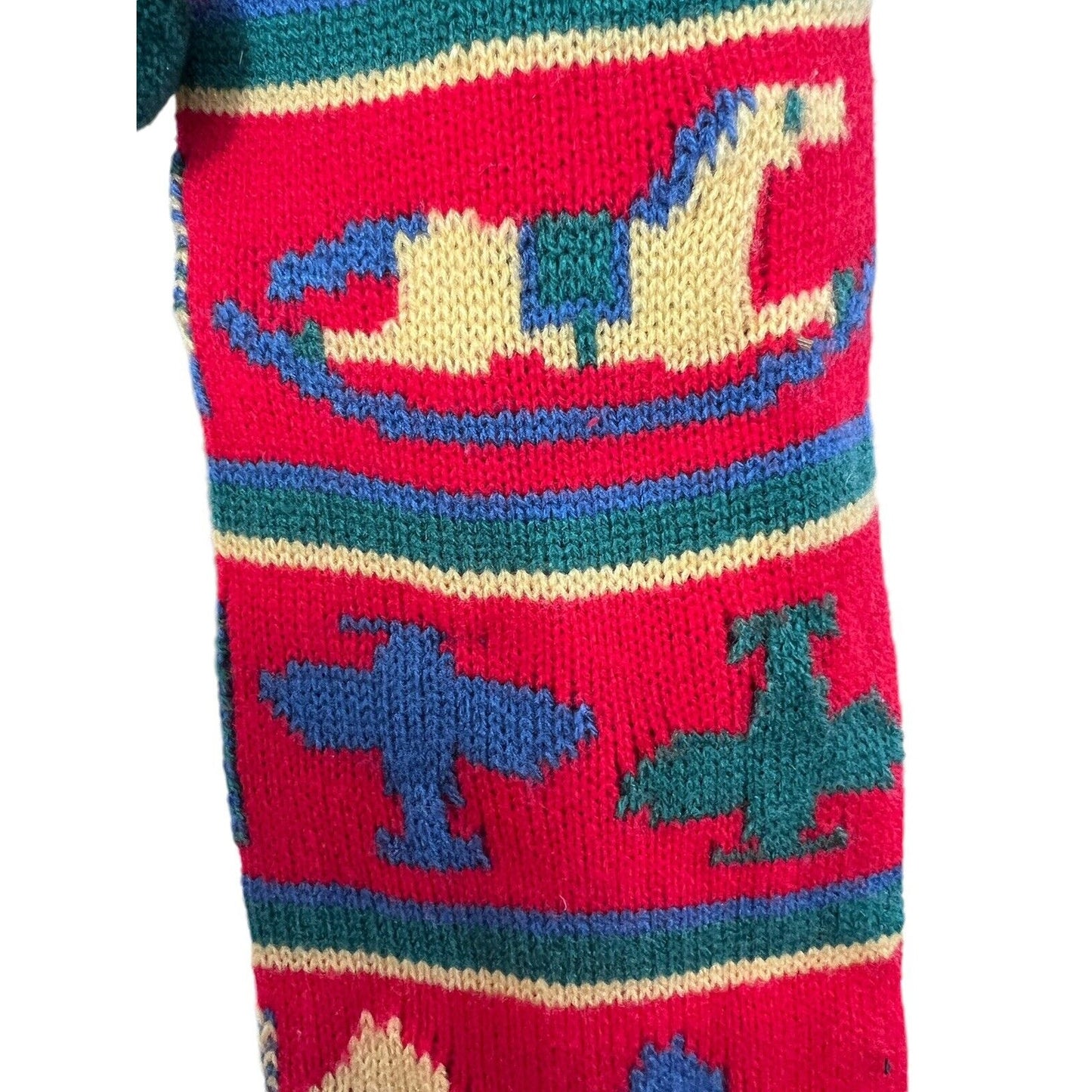 Vintage Knit Christmas Stocking Pom Pom Rocking Horse Airplane Toy Classic