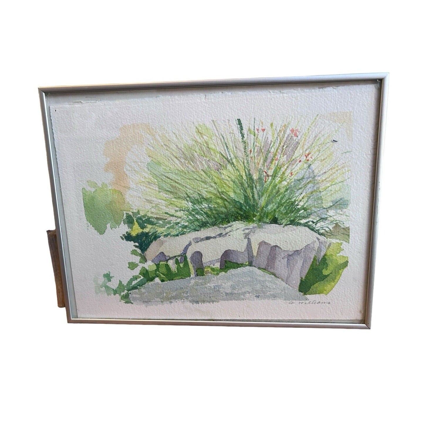 Signed Original Watercolor Painting Framed Zen Landscape Garden Rock Flowers