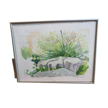 Signed Original Watercolor Painting Framed Zen Landscape Garden Rock Flowers