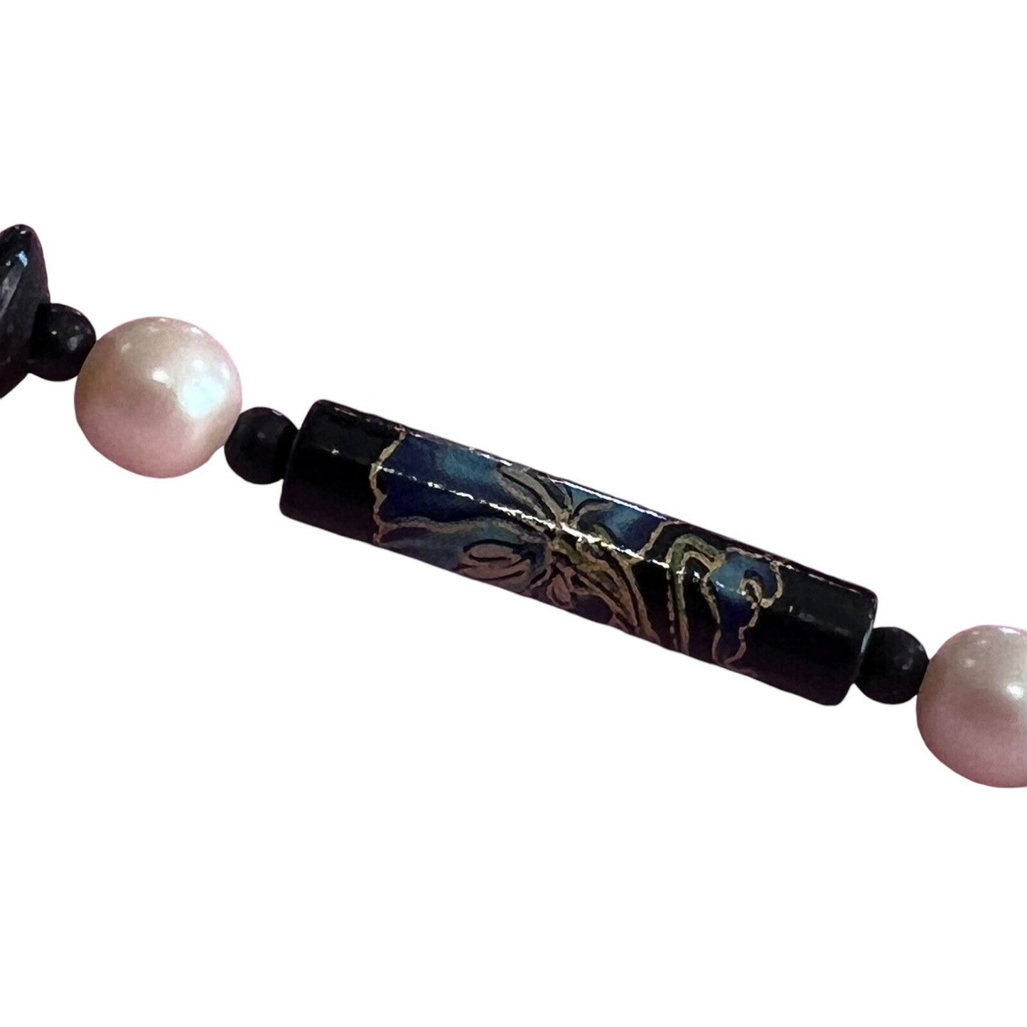 Faux Pearl Beads Black Painted Bird Floral Wood Pendant Strand Necklace Asian 29