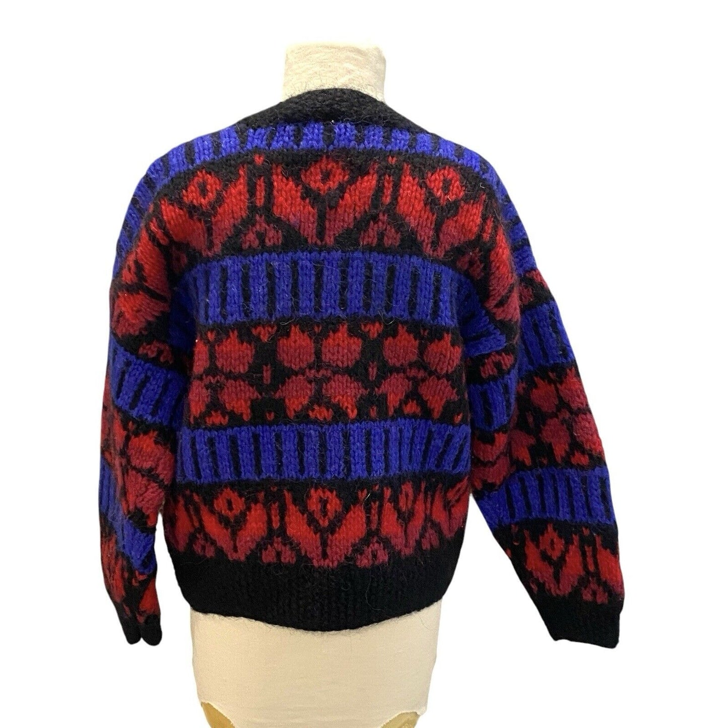 Icelandic Designs Wool Button Sweater Jacket Size Small Nordic Red Blue Back