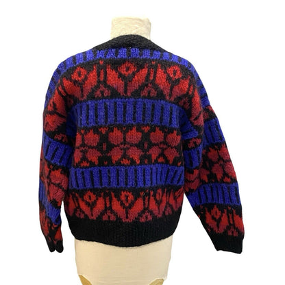Icelandic Designs Wool Button Sweater Jacket Size Small Nordic Red Blue Back