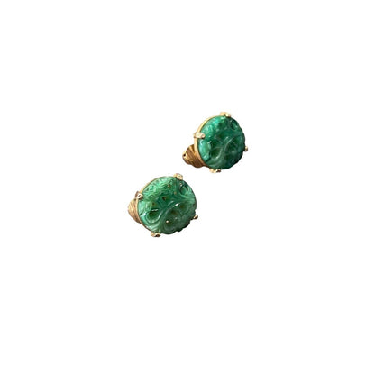 Vintage Gold Tone Faux Jade Green Clip On Earrings Round 1/2” Diameter