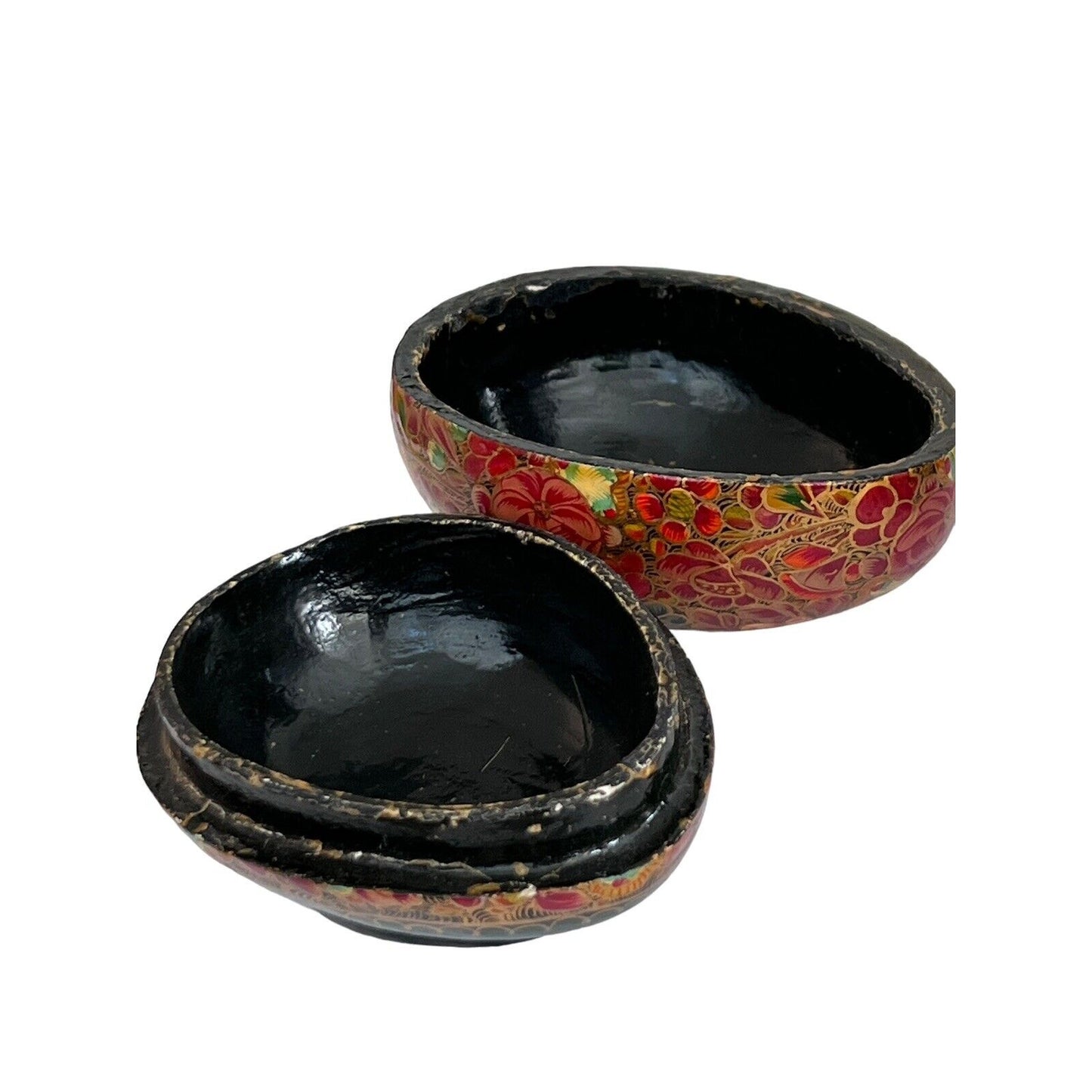 Floral Egg Kashmir India Boudoir Jewelry Ring Box Hand Painted Paper Mache Vtg