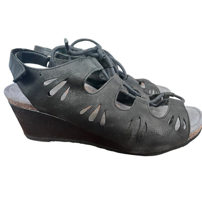 AETREX Women's Giselle Black Leather Lace Up Wedge Sandals Cut Outs Sz 10/41