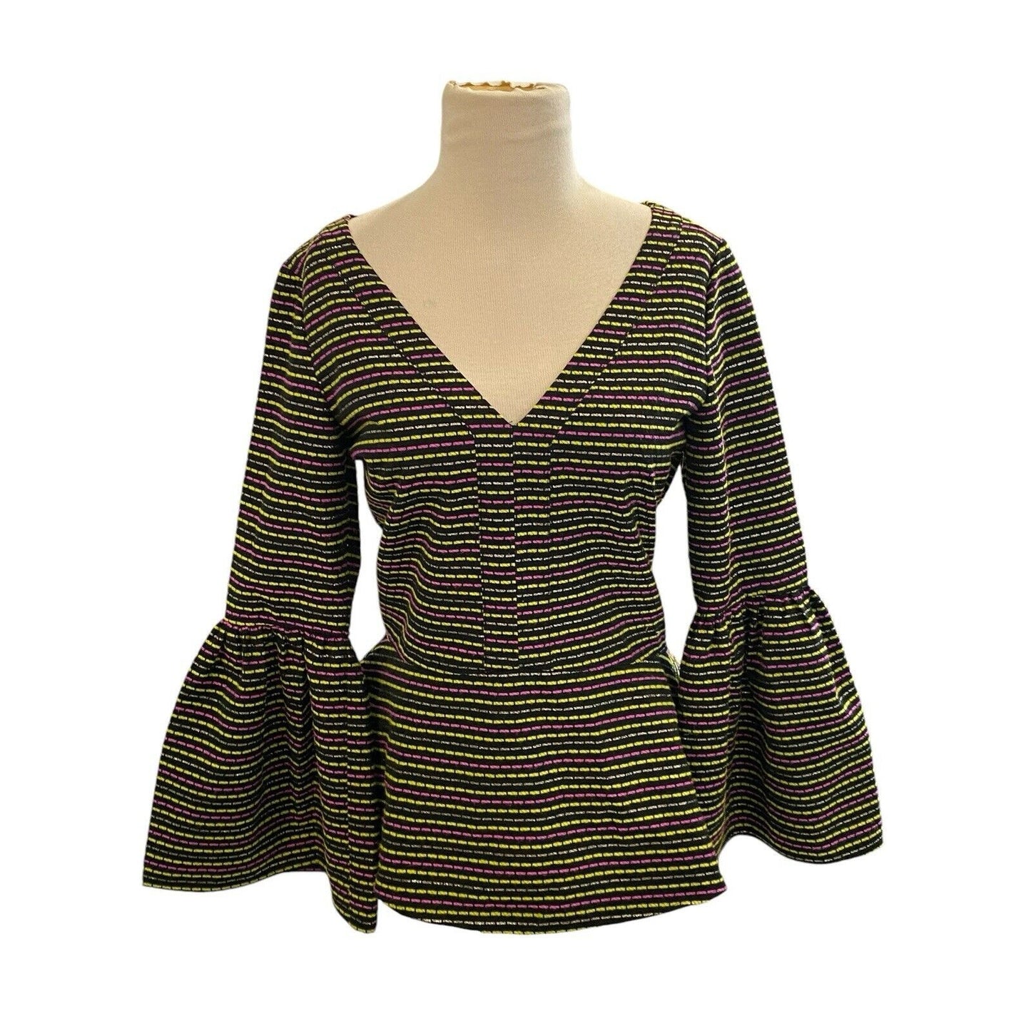 Small ANNA CATE Multicolor Striped Bell Sleeve Blouse Deep V-neck Dress Blouse