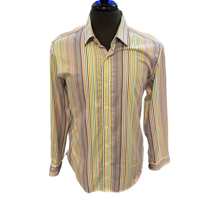 Size Medium BUGATCHI Classic Fit Multi Stripe LS Shirt Flip Cuff 100% Cotton