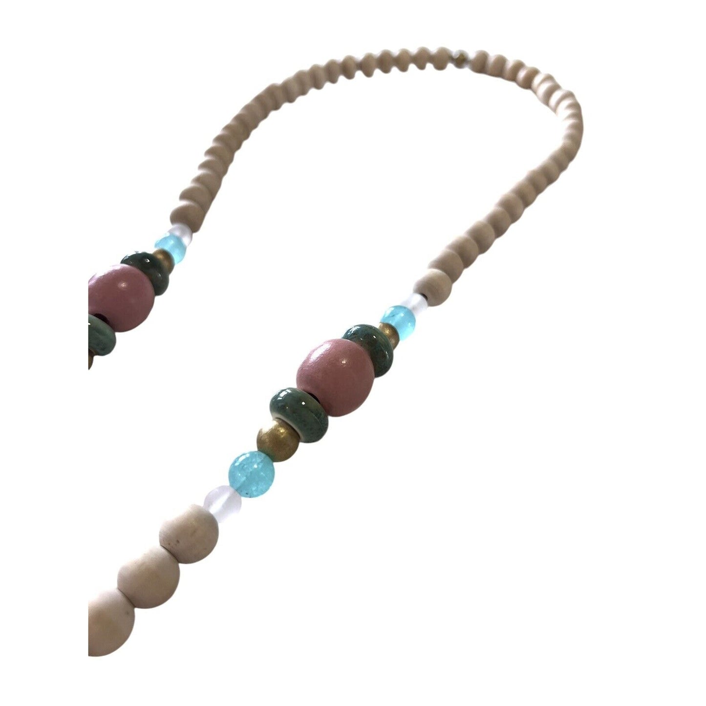 Painted Oyster Shell Pendant Necklace Wood Bead 30” Pastel Coastal Beach Preppy