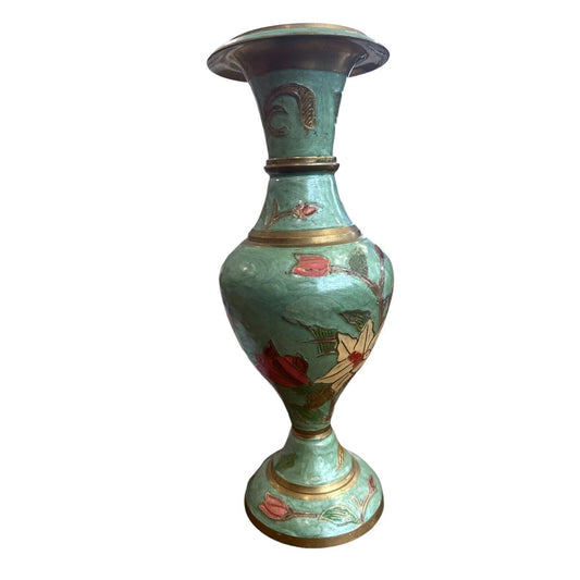 Vintage Cloisonné Vase Flowers Floral Brass grand millennial 8” Decor