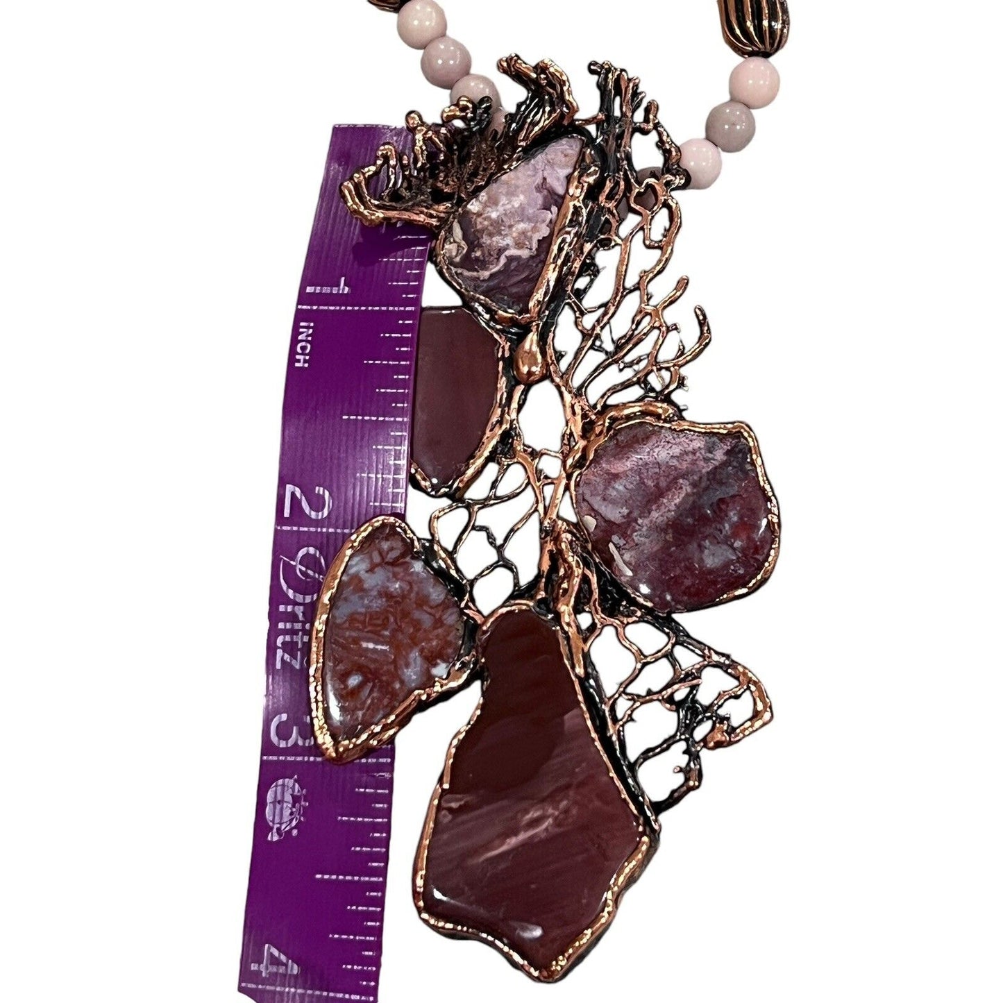 Artsy One Of A Kind Agate Geode Amber Bead Necklace Handmade Copper 24”