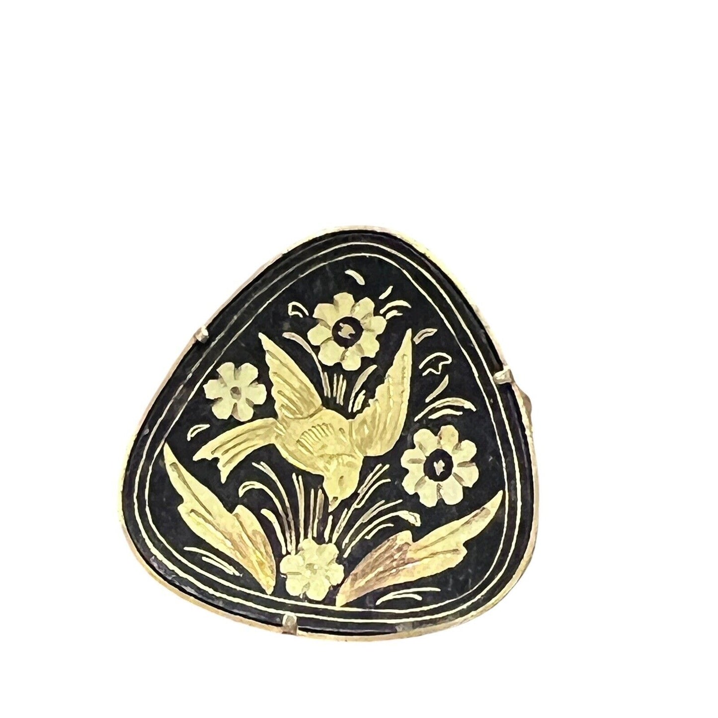 Damascene Brooch Pin Vintage Bird Flowers Gold Black Vtg Trombone Clasp Round