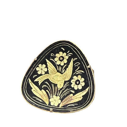 Damascene Brooch Pin Vintage Bird Flowers Gold Black Vtg Trombone Clasp Round