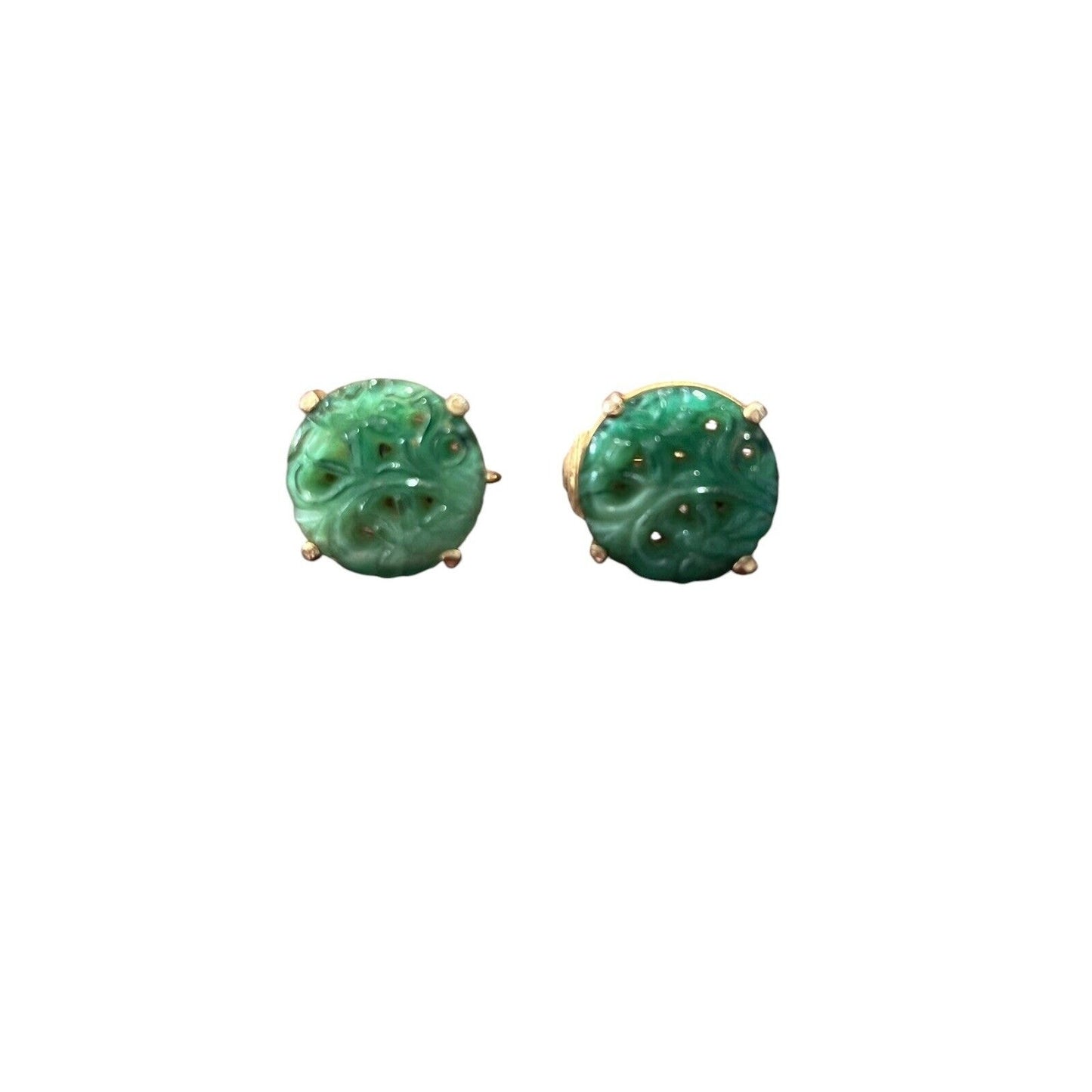 Vintage Gold Tone Faux Jade Green Clip On Earrings Round 1/2” Diameter