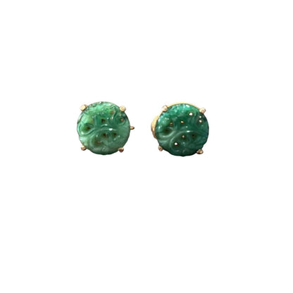 Vintage Gold Tone Faux Jade Green Clip On Earrings Round 1/2” Diameter