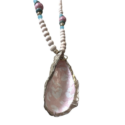 Painted Oyster Shell Pendant Necklace Wood Bead 30” Pastel Coastal Beach Preppy