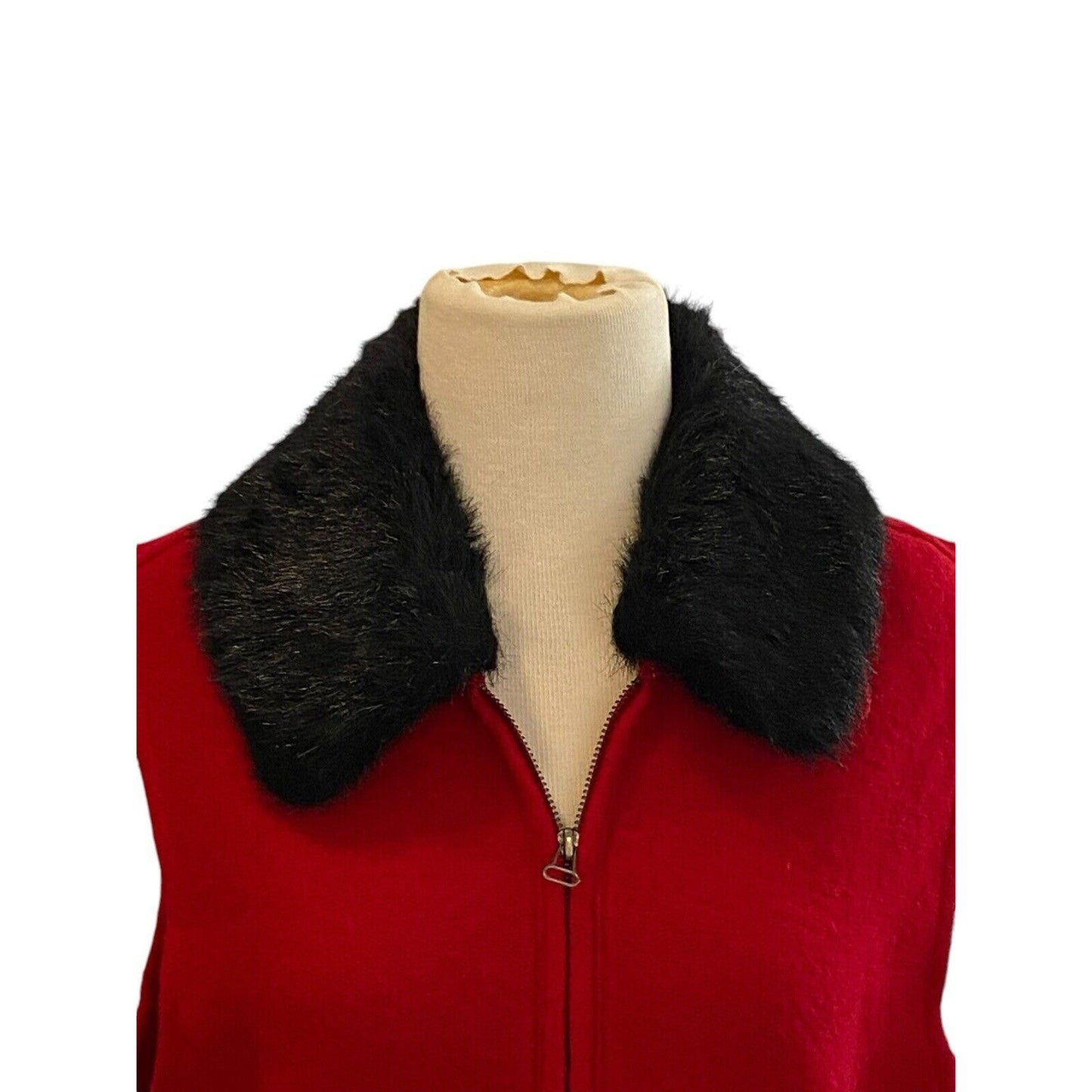 Large Vintage Tally Ho Red Wool Zip Front Vest Top Removable Fur Collar Holiday