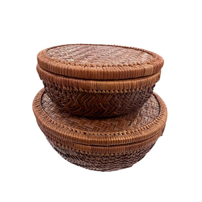 Round Rattan Wicker Fruit Staking Basket with Lid Storage Boho Natural Decor