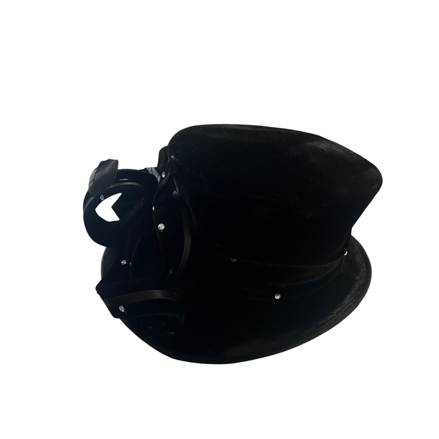 Swan Hat New York Ladies Black Velvet Rhinestone Bow Feathers Costume Regency