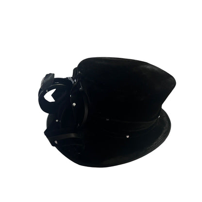 Swan Hat New York Ladies Black Velvet Rhinestone Bow Feathers Costume Regency